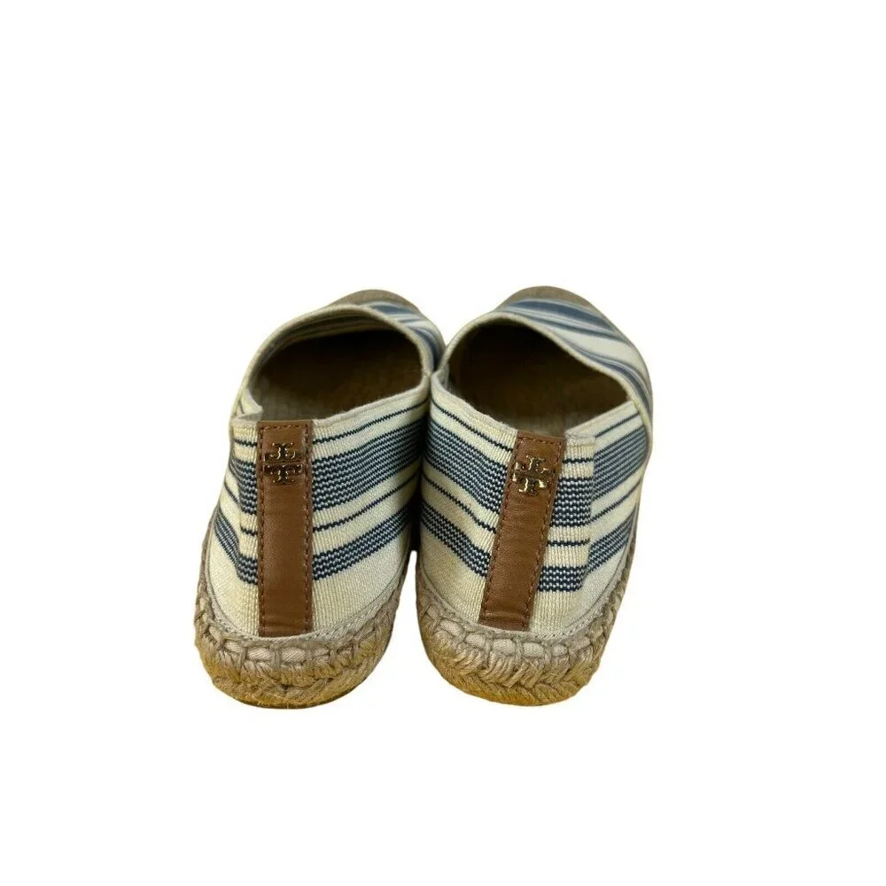 Tory Burch Beige Blue Striped Fabric‎ Espadrille Flat Slip-On Shoes 9.5 Designer